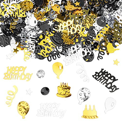 GoldRock Happy Birthday Konfetti Tischdeko, Streudeko für Frau Mann, Luftschlangen, Glitzer Confetti in Schwarz Gold für Jubiläum Partydekorationen