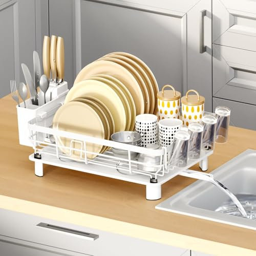 JOUING Dish Drainer Rack with Drip Tray Kitchen Dish Drying Rack with 360°Swivel Spout Metal Sink Drainer with Removable Cutlery Holder (White, Large)
