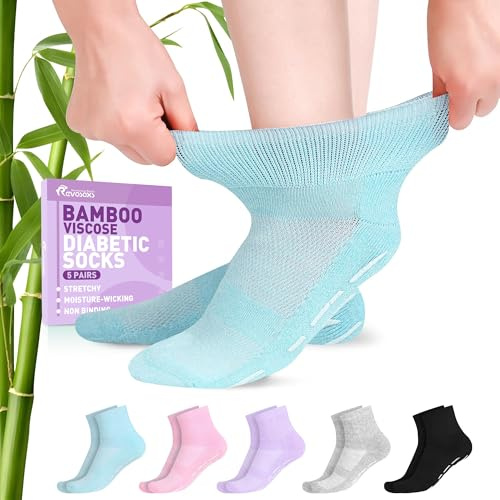 Revosoxs Diabetic Socks for Women Men,5 pairs Non Binding Diabetic Ankle Socks with grips,Wide Stretchy Loose Seamless Socks 7-9 9-11(Bright pure colors-Medium)