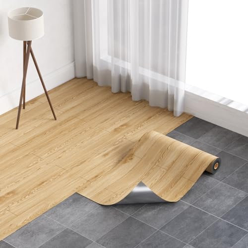 Homease Peel and Stick Floor Tiles - 23.6Wx 196.8L/ 32 Sq.Ft, Wood Grain Vinyl Flooring Roll, Durable & Waterproof Vinyl Plank Flooring for Any Room, Easy DIY Flooring Solutions, Natural Yellow Oak