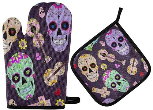 Dia De Los Muertos Skull Oven Mitts Pot Holder Set Mexican Sugar Skelton Kitchen Decor Cooking Stove Gloves Heat Resistant Hot Pads Recycled for BBQ Baking Grilling