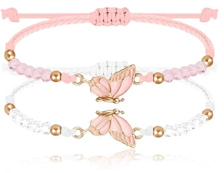 Nayyana 2 Stück BFF-Armbänder für passende Schmetterlingsarmbänder Verstellbarer Strang Best Friends-Armband handgefertigter Charm-Freundschaftsarmbänder Schmuck Geschenke, Weiß+Rosa