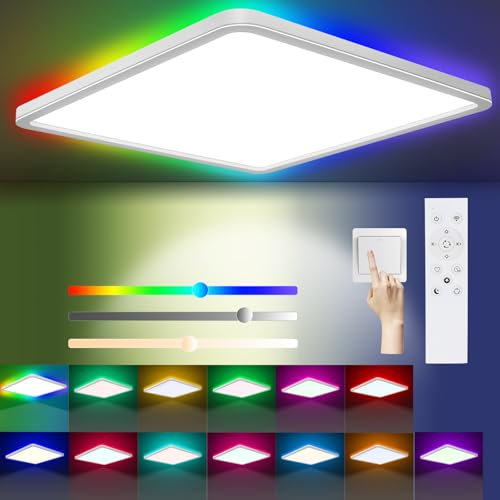 LED Ceiling Light Dimmable, 24W 3200LM 13 RGB Color Changing Bathroom Light 3000-6500K with Remote Control, Timer & Memory, IP54 Waterproof 30CM Square Flush Ceiling Lamp for Kitchen Bedroom Hallway