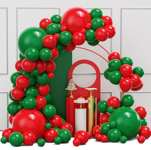 Kit de guirnalda de arco de globos rojos y verdes, 134 globos de Navidad rojos y verdes con diferentes tamaños para decoraciones de fiesta de cumpleaños y Navidad