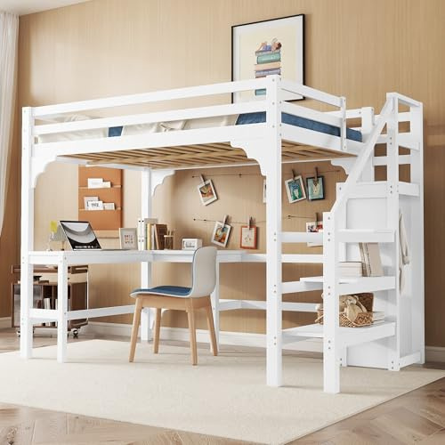 MURUL Cama alta,140 × 200 cm, elegante escritorio en forma de L, madera de pino, estilo minimalista, armario abierto, blanco