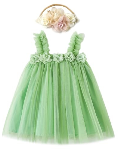 Miipat Vestito da Bambina Tulle Bambino Ragazze Abitini Tutu Principessa con Fascia per Capelli Abiti per Festa di Compleanno Smash Torta Fotografico Abbigliamento Verde 90 18-24 Mesi