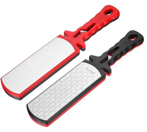 uxcell 400/1000 Grit Handheld Diamond Sharpening Stone Double-Sided Whetstone 5-In-1 Sharpener Tool with Ceramic and Tungsten Steel Scissor Slot for Kitchen, Black Red, 2pcs