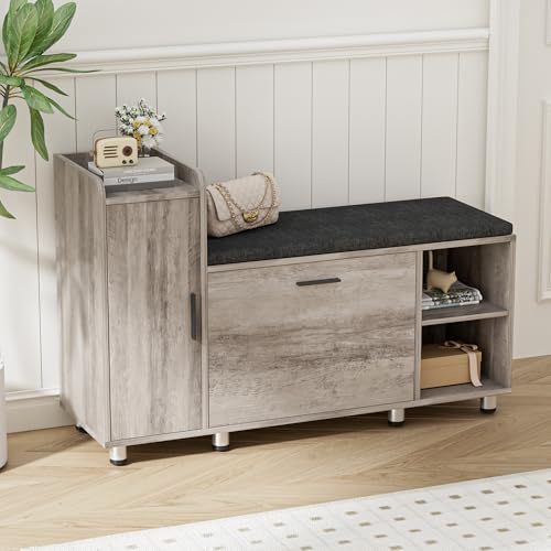 BonVache Panca Scarpiera da ingresso, altezza regolabile, organizzatore scarpe con armadio di archiviazione e 3 spazi aperti, per ingresso, corridoio, anticamera, 105 x 34 x 67 cm, Grigio