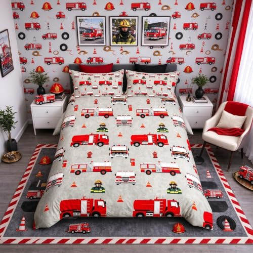 Loussiesd Kids Fireman Bedding Set Boys Fire Engine Firefighter Duvet Cover Red Fire Truck Vehicle Bedding & Linen for Girls Child Teens Bedding & Linen Junior/Cot Bed Size With 1 Pillow Case