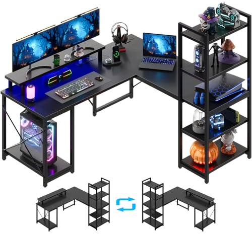 JUMMICO Corner Desk with Storage Shelf 140X140X138CM, l Shaped Desk, Suitable for both Study and Home Office, Large Computer Gaming Table With Drawers，Black