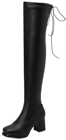 Onewus Stivali sopra il ginocchio da donna con tacco a blocco, tacco da 7 cm e altezza gambale 55 cm, chiusura lampo interna, fodera in pelliccia sintetica, moda invernale, Nero , 45 EU