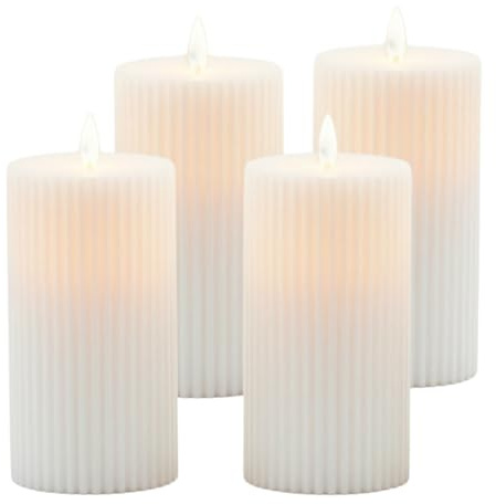 Relaxdays LED flamlösa ljus 4-pack med flimrande låga, räfflade plastpelare, 17,5 x 8 x 8 cm, vit