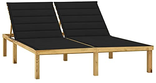 Frdhee Tumbona de relajación, silla de jardín, sillón de relax, tumbona doble con cojines negros de pino impregnado para terraza, picnic, vacaciones, estable