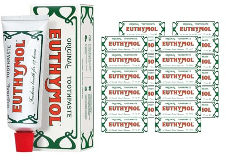 Euthymol Original Tandkräm 75 ml x 24, tandkräm utan fluor, antiplack, antibakteriell, kariesskydd, färsk mynta, daglig tandvård, renlighet för tänder och tandkött