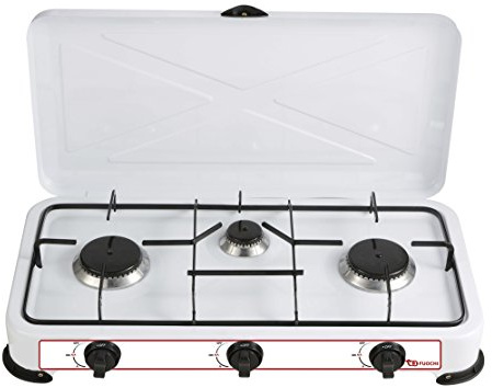 XONE Fornello a Gas GPL 3 fuochi, Struttura in Acciaio smaltato di Colore Bianco, Consumo 2,9 kW (221 g/h) | Fornello Campeggio Dimensioni: 58 x 33 x 9 cm, Peso: 3 kg
