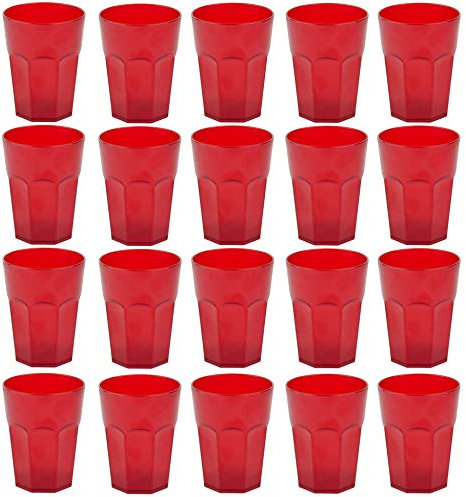 Engelland - 20 x Plastikbecher, Trinkbecher, Rot, Cocktailbecher, 250 ml, mit Eichstrich, stapelbar, Mehrweg, Kunststoff, Frostoptik, wiederverwendbar, Party-Becher, Trink-Glas