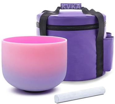 KVKA Kristallsångskål, 432 Hz 8 tum F note hjärta chakra kvarts frostat ljud helande skål instrument för yoga meditation med bärväskor – rosa lila
