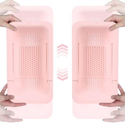 BLUE GINKGO Sink Colander Baskets - Wash Vegetables and Fruits, Drain Cooked Pasta - Extendable - Kitchen Essentials (Pack of 2) (2 Pink)