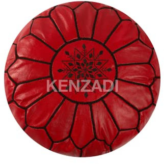 KENZADI Ottoman-Sitzsack, echtes Leder, handgenäht in Marrakech von marokkanischen Kunsthandwerkern, Fußhocker, ungefüllt (rot von schwarz)
