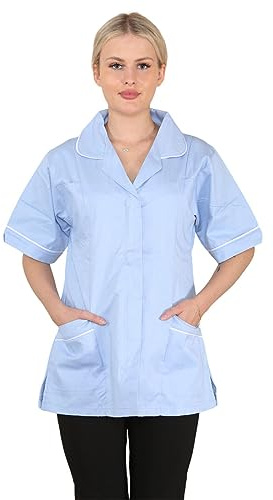 MyShoeStore Women's Healthcare Tunic Shirt with Front Zip, Rounded Collar and Contrast Piping for Medical Uniform, Sky Blue, 16