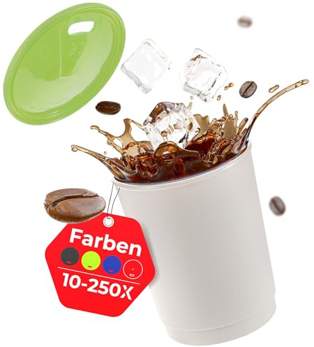 achilles Kaffeebecher mit Deckel, Kunststoffbecher, Mehrwegbecher, Trinkbecher, LFGB geprüft, spülmaschinenfest, stapelbar, 330 ml, Becher grau, Deckel grün, 10 Stk.