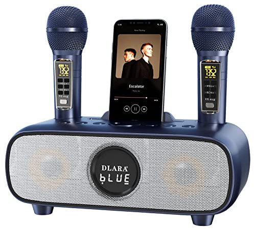 Machine Karaoké pour Adultes et Enfants, Microphone Karaoké sans Fil Bluetooth 2 UHF avec Support/USB/TF Card/AUX-in, système de Haut-parleurs pour l'intérieur-Bleu