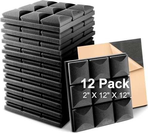 Fstop Labs Acoustic Foam Panels, 12 Pack Black 2'' X 12 X 12 Self-adhesive Mushroom Studio Wedge Tiles, Sound Panels Sound Proof Foam Panels Sound Proofing Padding For Wall