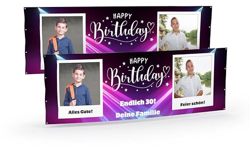 Banner selbst gestalten mit Foto und Text Lila I Geburtstagsbanner (50cm x 150cm) personalisiert für Männer und Frauen I Fahne selbst gestalten