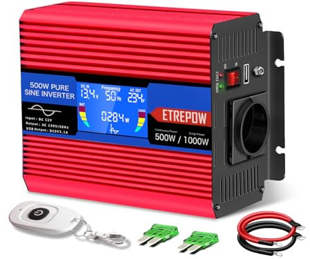 ETREPOW 500/1000W Inverter 12v 220v Onda Sinusoidale Pura Trasformatore Con 2 Prese EU e USB, Telecomando Senza Fili,Display LCD