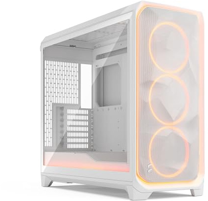 Fractal Design Meshify 3 XL Ambience Pro RGB White Tempered Glass Clear Tint - High Airflow PC Gaming Case -Advanced ARGB Gen 2 Ambient Lighting via Adjust Pro Hub-Three ARGB Momentum 14 Fans Included