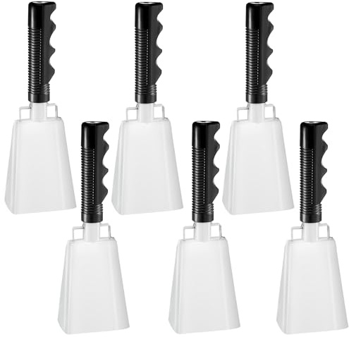 6 Pcs Metal Cowbell with Handle, FOVERN1 Large Loud Cow Bells Noise Makers for Football Games, Sporting Events, New Year’s Eve, Celebrating and More (White)
