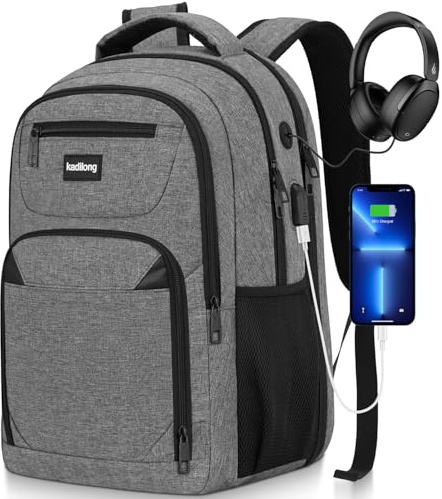 kadilong Mochila profesional para ordenador portátil de 17,3 con puerto de carga USB, resistente al agua, gris oscuro