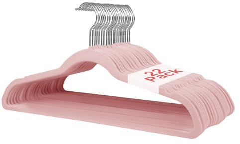 Wellong Kleiderbügel Samt, 42 cm rutschfeste Filz Bügel, Stabile Anzugbügel mit Schulterkerben, Platzsparende Kleiderbügel für Mäntel, Hosen, Silbe, 22 Stück – Rosa