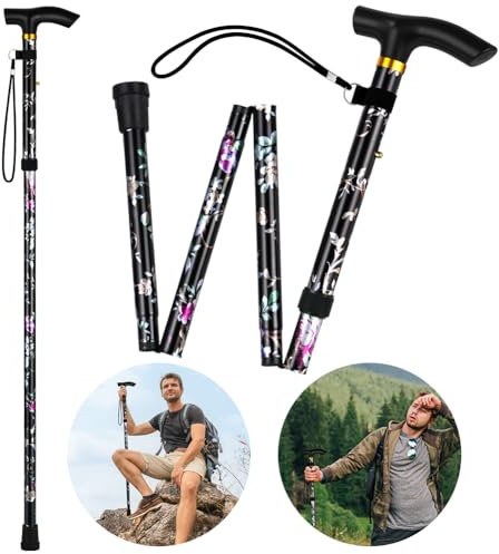 Flintronic Unisex Faltbar Gehstock, Klappbar Bergstock, 5-Stufig Höhenverstellbar, Leicht und Tragbar für Bergsteigen, Wandern, Camping（Schwarzer Druck）