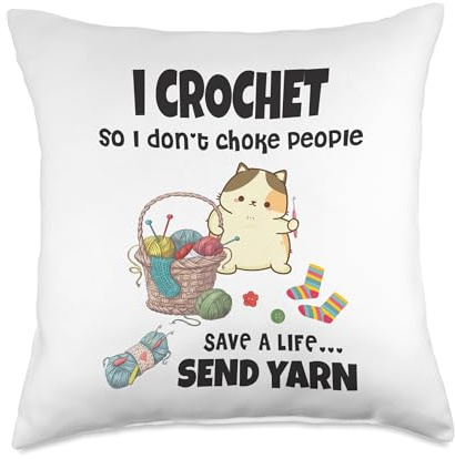 Funny Cute Cat with Crochet And Knitting Yarn Mess for Girls Throw Pillow