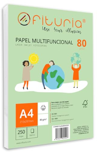 Packung mit 250 weißen DIN A4 Blättern, 80g Druckerpapier. Multifunktionales Kopierpapier für Schule und Büro. Ideal für Laserdrucker, Tintenstrahldrucker oder Kopierer – Ofituria
