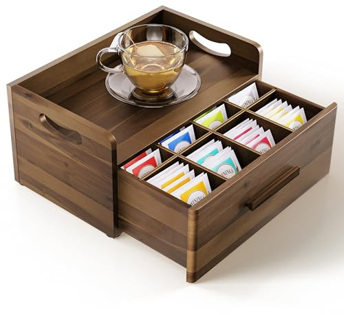 Tinamo Acacia Wooden Tea Box Organizer with Drawer – Tea Chest for Tea Bags Storage – Tea and Coffee Organizer - Wooden Tea Tray and Containers for Countertop Display (Walnut)