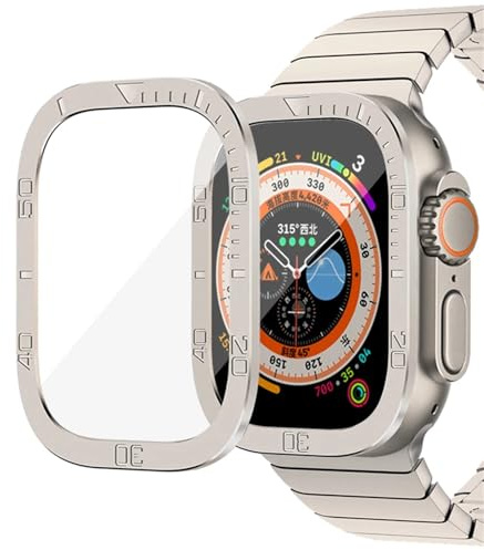 BRART Härdat glas för Apple Watch Ultra 2 49 mm skärmskydd Anti-skrapa metallram för IWatch Series Ultra 49 mm tillbehör(Titanium color)