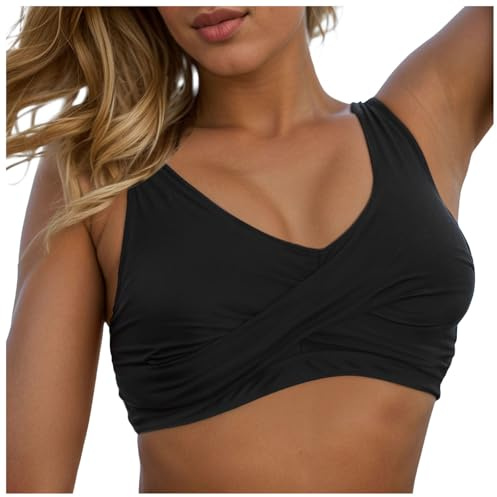 Damen Bikini Oberteil Große Brüste Push Up Bikini Top Ausschnitt Wickeloptik Sport Bra Badeanzug Top Rückenfrei Swimsuit Bra Bralette Breite Träger Bikini Top