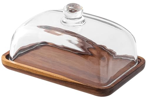 Smörfat med lock, 18 x 11,9 x 9,4 cm träsmörbehållare med klart glaslock, osthållare för köksbänk, kylskåp
