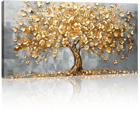 Large Golden Blooming Flower Tree Canvas Wall Art, Framed Ash-gold Metallic Fortune Tree Paintings Nature Plants Canvas Prints Wall Pictures Artwork for Living Room Bedroom Office Wall Decor 50x100cm