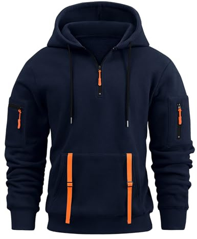 Lonya Sweat a Capuche Homme Manches Longues Sweatshirts 1/4 zippé Kangourou Hoodie Hiver Et Automne Sport Travail Pull Sweats Bleu Marine,L
