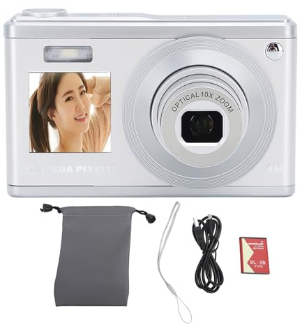 Cámara digital 4K Dual HD IPS pantalla 10x zoom óptico Autofocus Retro Compact Cámara digital con lente telescópica para fotografía de viaje Vlogging (plata)