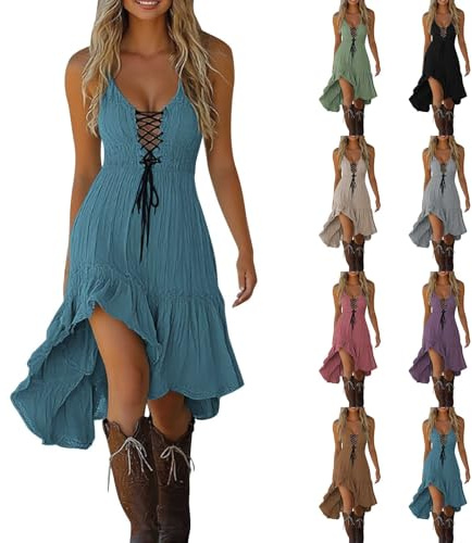 Women's Vintage Sleeveless Midi Dress Sexy Lace-Up Deep V Neck Dresses Distressed Pleated Sundresses Asymmetrical Hem High Low Dress Summer Cowgirl Casual Loose Flowy Dresses Halloween Costume