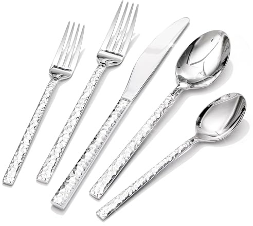 HIKAA Besteck Set 12 Personen aus Gehämmert, 60-Teilig Essbesteck 18/10, Edelstahl Besteckset für Zuhause, Partys, Hochzeiten, Cutlery Set Hochglanzpoliert Spülmaschinenfest, (Silber)