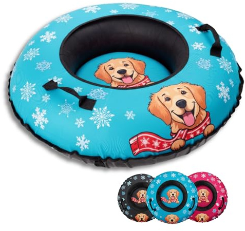 Snow Tube for Adults & Kids | Heavy Duty Inflatable Snow Tube with Super Slick Base, Freeze-Proof 1000D Base | Durable Snow Sled for Kids | Snow Dog Series: Golden Retriever (Teal)