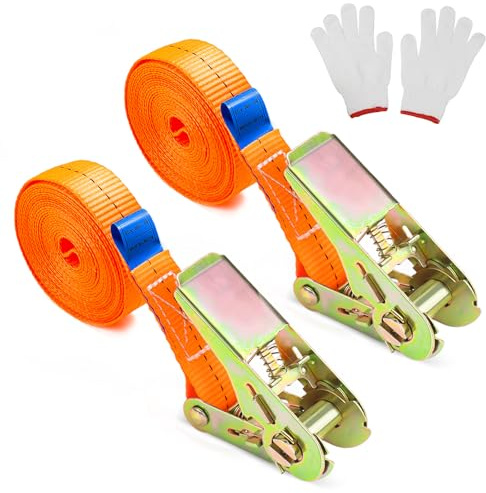 Sangle à Cliquet 4m Sangle d'Arrimage Robustes Sangles de Serrage en Polyester pour Transport de matériel, Moto Voiture déménagement Bagage et Camping 2 Pcs Orange