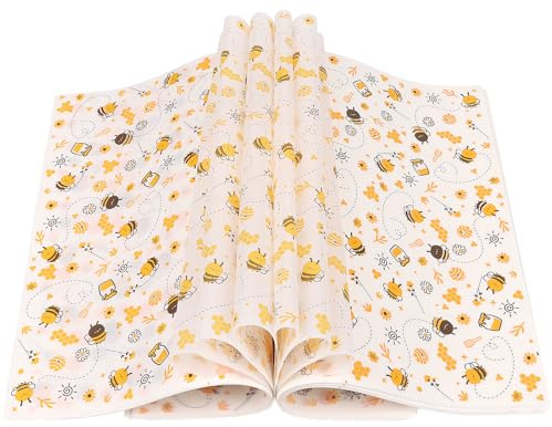 LOAVER 150 Pcs Wax Paper Sheets for Food, Bee Day Waterproof Oilproof Wrapping Tissue with Bee Pattern for Kicthen Deli Baking Sandwich Cookies Picnic Basket Liners (9.84 x 9.84 Inch)
