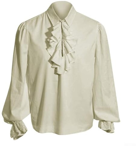 Camisa gótica victoriana para hombre con cuello con volantes, blusa steampunk para cosplay de vampiro pirata, ajuste regular (beige, 2XL)