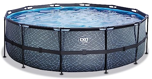EXIT Toys Stone Pool - ø450x122cm - Piscina de Marco Redondo Grande con Bomba de Filtro de Cartucho - Piscina Extra Profunda - Marco Robusto - Incluye Escalera de Piscina - Diseño Único - Gris